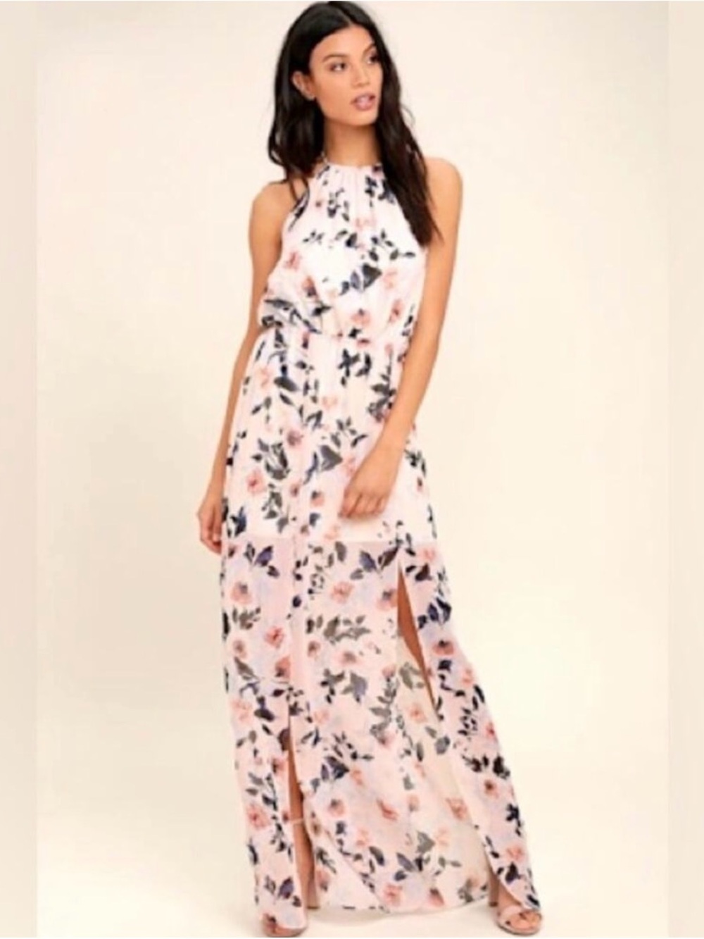 ALI & JAY Halter Floral Maxi Dress in Blush and Navy | Size Small